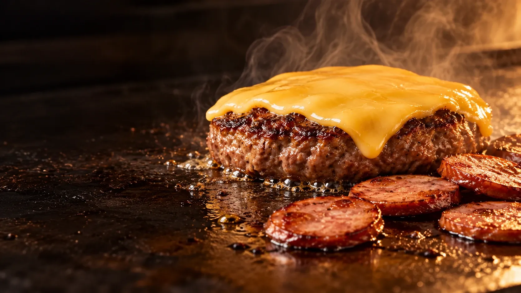 Imagem ilustrativa da carne na chapa, com queijo derretendo e vapor de cocção.