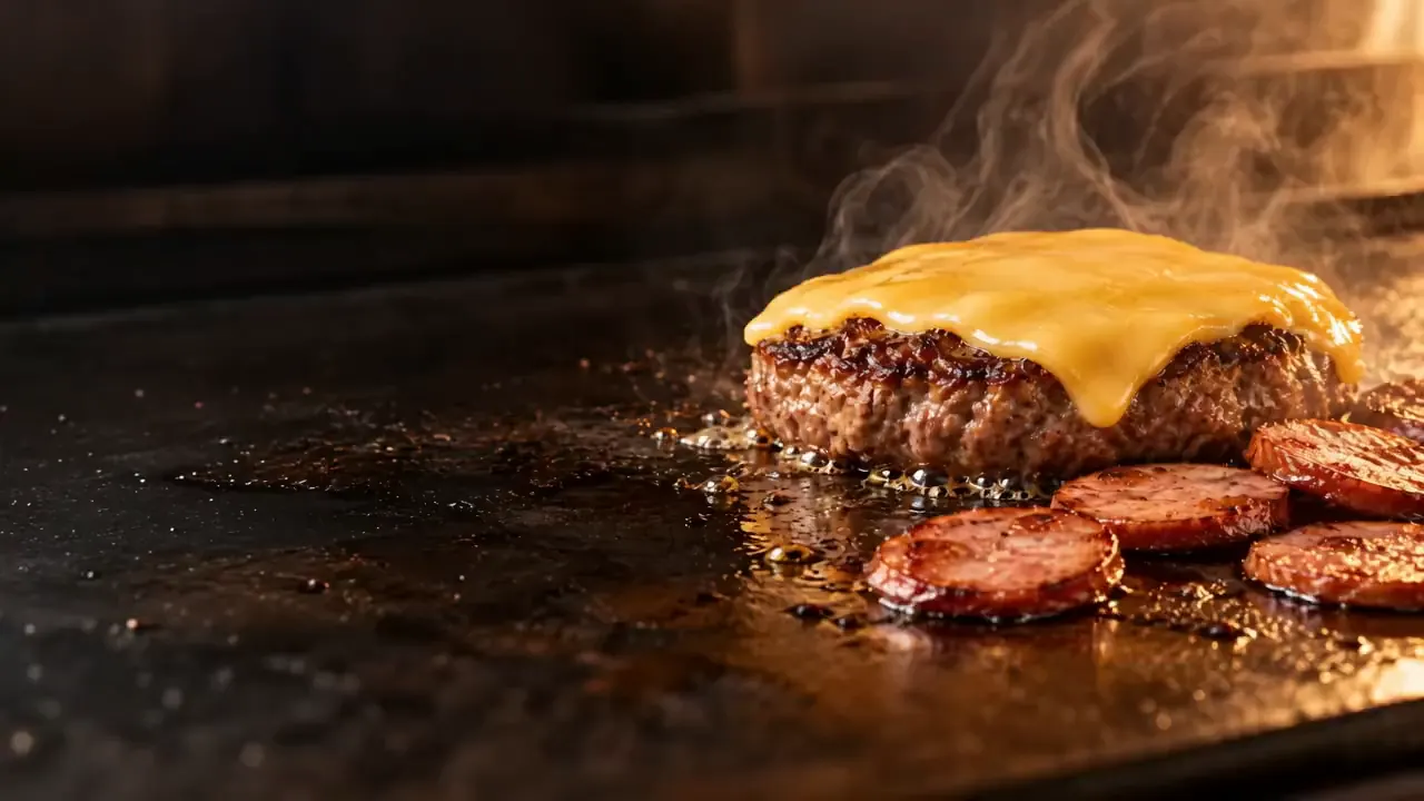 Carne e calabresa na chapa, com queijo derretido e vapor, recriados a partir do produto real da Tá Tendo.